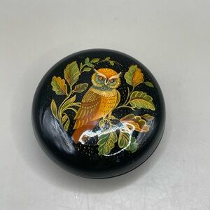 Vintage Russian USSR Palekh OWL Birds Lacquer Round 1.5” Trinket Box W/Lid